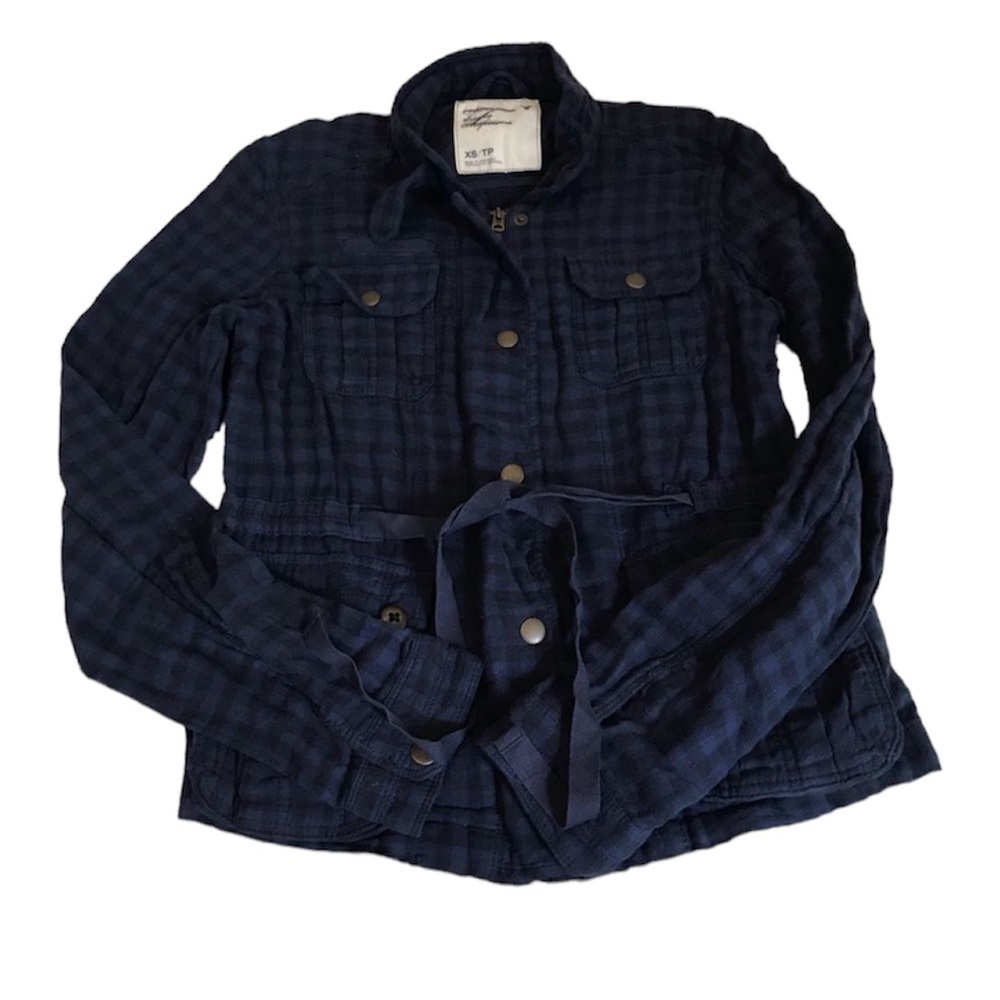 American Eagle blazer jacket navy blue checkered bronze buttons size XS